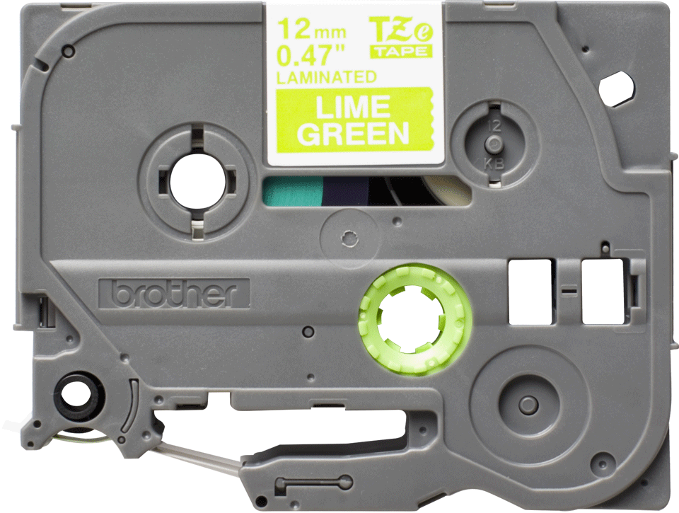 Eredeti Brother TZe-MQG35 laminált szalag – Lime zöld alapon fehér, 12mm széles 2